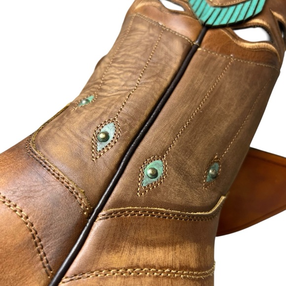 Corral Brown NIB W7 Turquoise and Brown Leather Studded Cut Out Western Boots - Picture 12 of 15